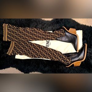 Fendi Zucca Pattern FF Pattern Sock Knee High Boots